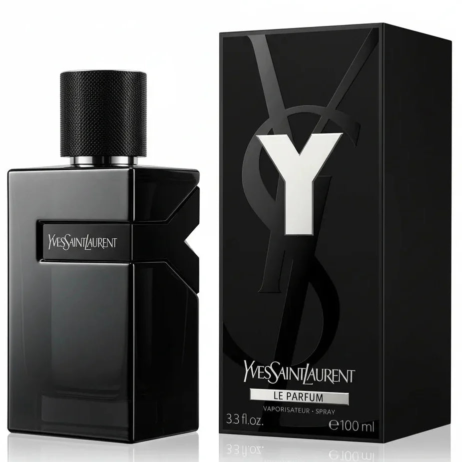Black YSL perfume bottle and packaging on a white background