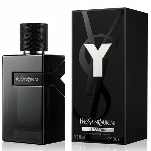 Black YSL perfume bottle and packaging on a white background