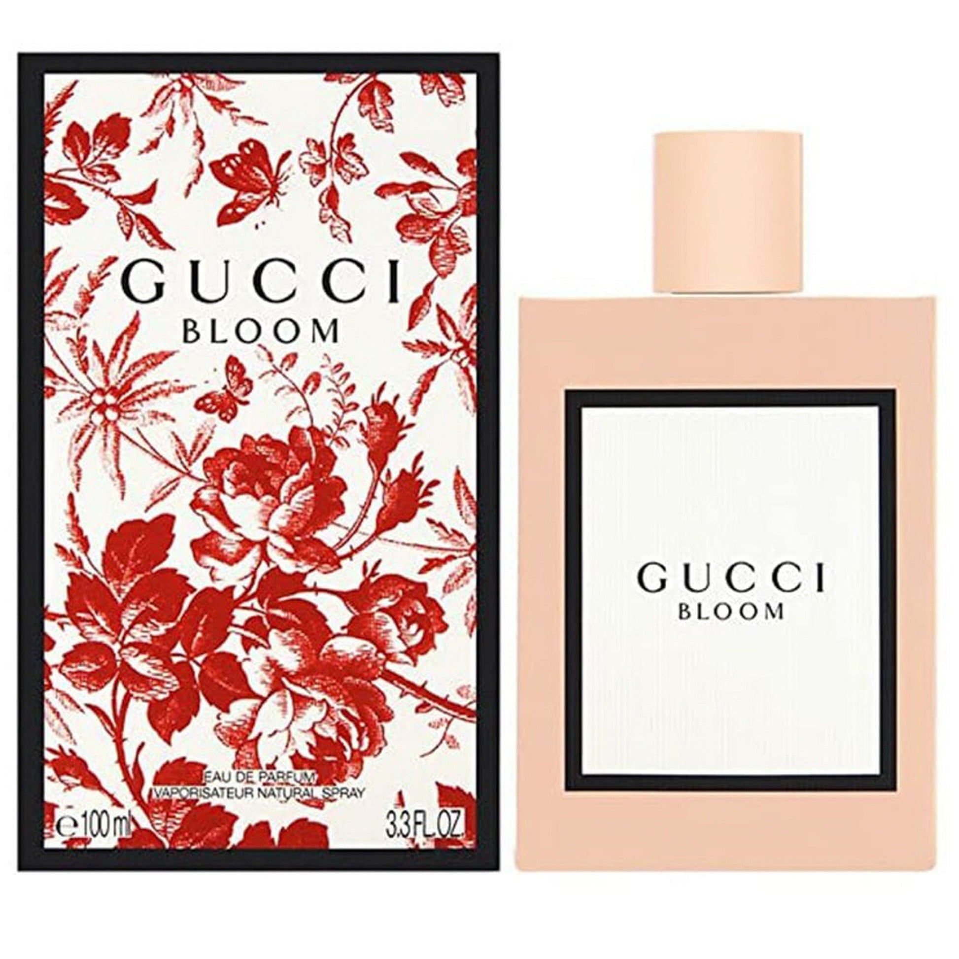 Gucci Bloom perfume bottle and packaging with floral design