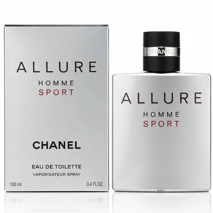 Chanel Allure Homme Sport perfume bottle and packaging on a gray background