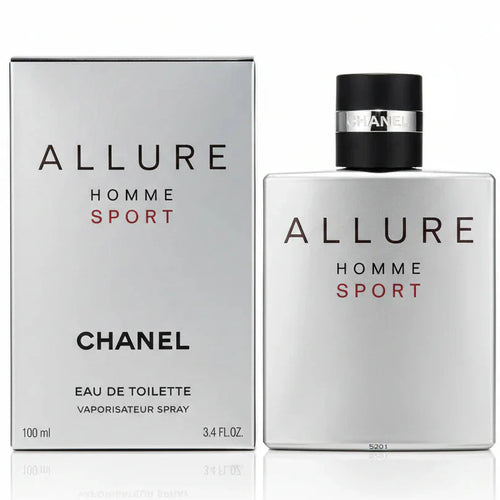 Chanel Allure Homme Sport perfume bottle and packaging on a gray background