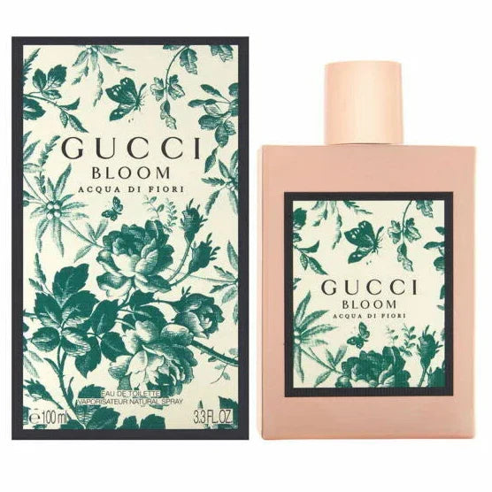 Gucci Bloom perfume bottle and packaging with floral design on a white background