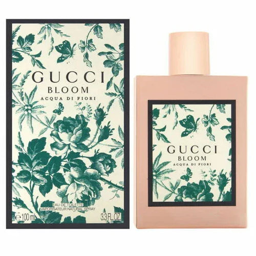 Gucci Bloom perfume bottle and packaging with floral design on a white background